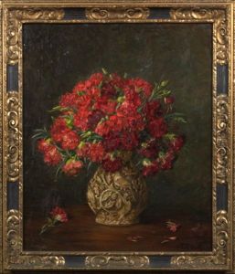 Still Life With Red Peonies In An Elaborately Carved Wood Vase by Marie Keller-Hermann