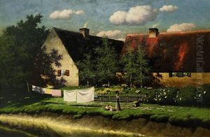 Mutter Mit Ihren Kindern Auf Der Blumenwiese Hinter Dem Haus