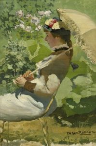 Junge Frau Mit Sonnenschirm Im Sommergarten
