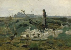 Gansehirtin Vor Der Stadt by Paul Wilhelm Keller-Reutlingen