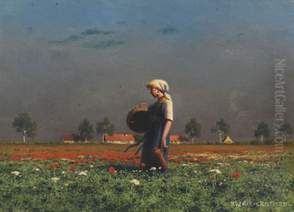 Madchen Mit Korb Und Flasche Im Mohnblumenfeld - view 1