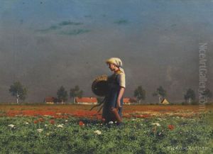 Madchen Mit Korb Und Flasche Im Mohnblumenfeld by Paul Wilhelm Keller-Reutlingen