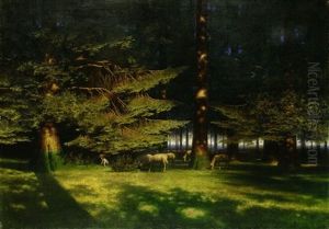 Waldlichtung Im Abendlicht Mit Grasenden Schafen Waldlichtung Im Abendlicht Mit Grasenden Schafen