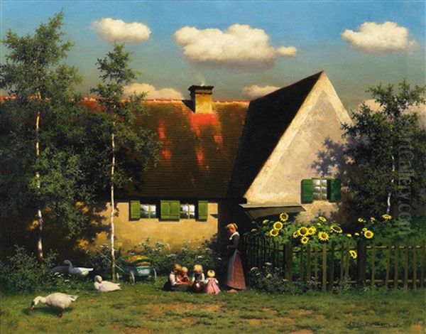 Idyll Auf Dem Lande. Mutter Und Kinder Vor Dem Bauernhaus - view 1