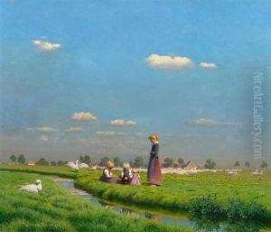 Landschaft Mit Mutter Und Kindern Mit Gansen by Paul Wilhelm Keller-Reutlingen