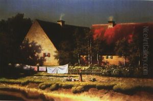 Spielende Kinder Vor Einem Bauernhof Am Fluss by Paul Wilhelm Keller-Reutlingen