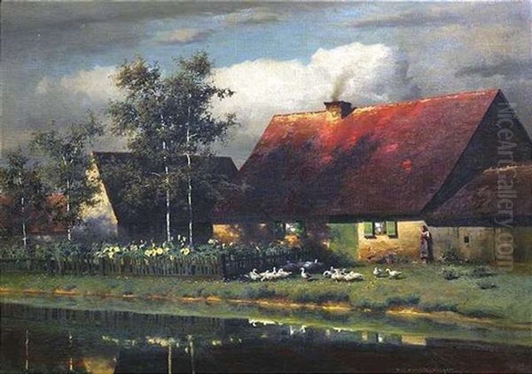 An Einem Bauernhaus Eine Junge Ganseliesel Mit Ihren Schutzlingen - view 1