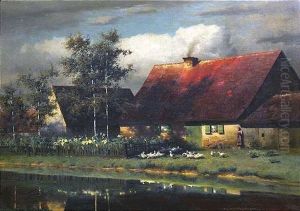 An Einem Bauernhaus Eine Junge Ganseliesel Mit Ihren Schutzlingen
