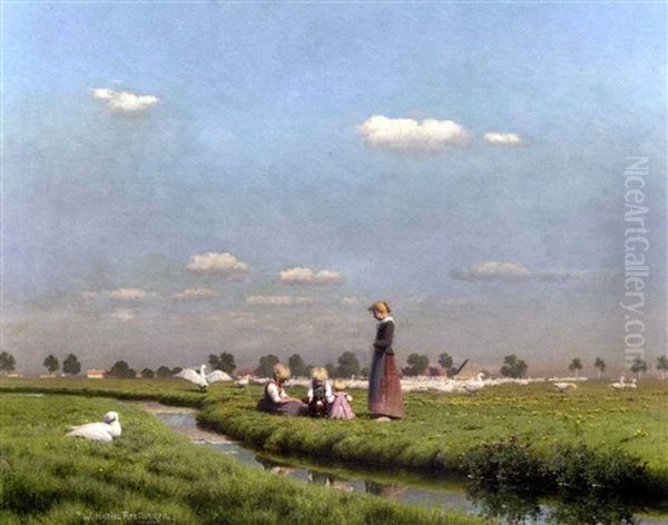 Girls With Ducks In A Field - view 1
