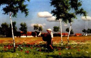 Junge Bauerin Mit Korb Und Kanne In Einer Bluhenden Wiese Mit Mohnblumen Stehend