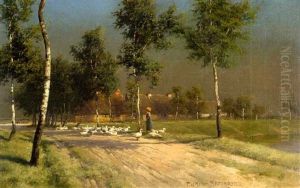 Am Rande Des Weges Zum Gehoft Steht Eine Junge Ganseliesel Und Hutet Ihrer Schutzlinge by Paul Wilhelm Keller-Reutlingen