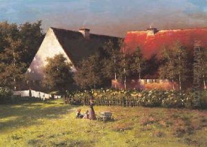 Sommeridylle. Spielende Kinder Auf Der Wiese Hinter Einem Bauernhaus by Paul Wilhelm Keller-Reutlingen