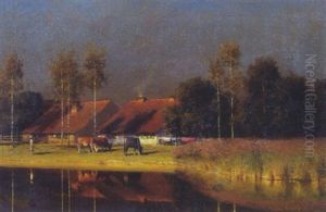 A View Of Houses With Cattle Grazing Alongside A River-bank