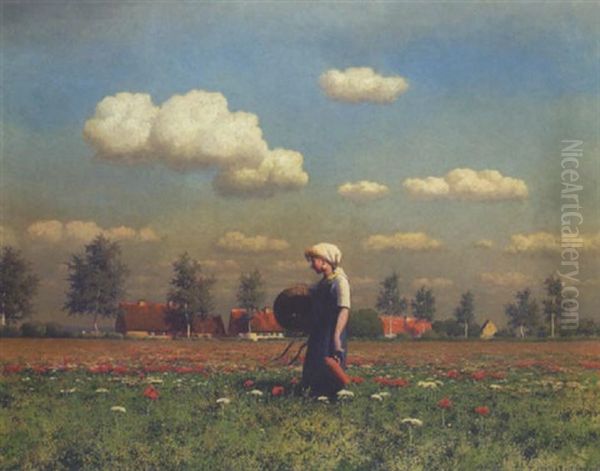 Junge Bauerin Auf Einer Bluhenden Wiese - view 1