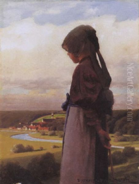 Ein Hirtenmadchen In Dachauer Tracht Blickt Auf Ein Kirchdorf - view 1