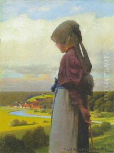 Kleines Madchen In Tracht (dachauerin?), In Ein Flusstal Mit Einer Ortschaft Blickend by Paul Wilhelm Keller-Reutlingen