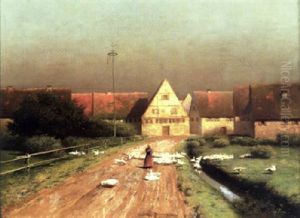 Ein Junges Madchen Hutet Ihre Ganseschar Auf Einer Breiten Dorfstrase by Paul Wilhelm Keller-Reutlingen