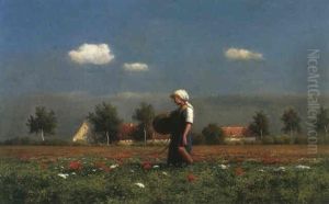 In Einem Bluhenden Mohnfeld Steht Vertraumt Ein Junges      Bauernmadchen Und Geniesst Die Ersten Sonnenstrahlen... by Paul Wilhelm Keller-Reutlingen