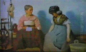 Ein Brief Mit Folgen (in Einer Spinnstube Sitzen Eine Alte Frau Und Ein Junges Madchen Auf Einer Holzbank) by Paul Wilhelm Keller-Reutlingen