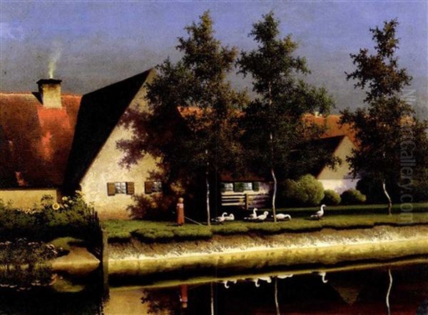 Bauernhaus Mit Rotem Und Schwarzem Ziegeldach An Einem Bachlauf - view 1