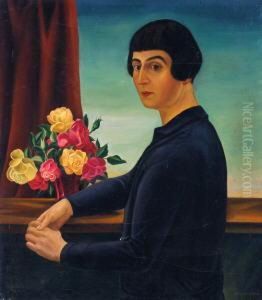 Portrait Einer Dame Mit Bubikopf Im Dunklen Kleid An Der Veranda, Links Ein Roter Vorhang Mit Roten Und Gelben Rosen by Hans Otto Baumann