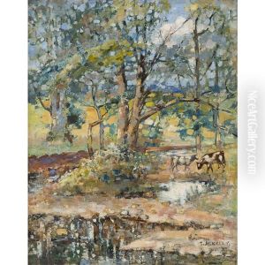 Cattle Watering In A Woodland Glade Cattle Watering In A Woodland Glade