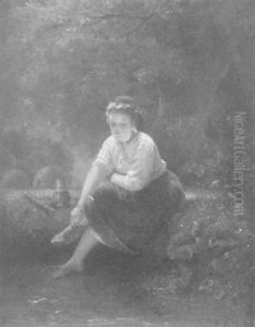 Ein Junges Madchen In Bauerlicher Tracht Sitzt Am Ufer Eines Baches by Franz Kels