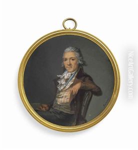 A Young Gentleman, Seated, His Left Arm Resting On The Back Of The Wooden Chair, A Book In His Right Hand, In Brown Coat, White Striped Waistcoat, Frilled Cravat, Powdered Hair by Georges Antoine Keman