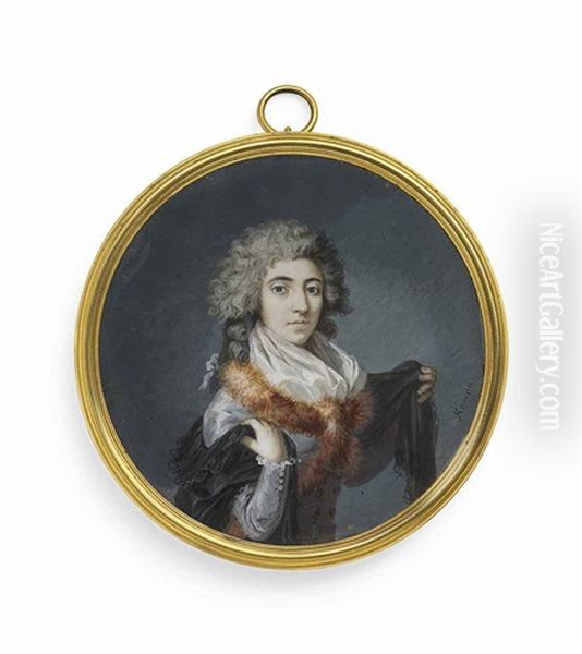 A Young Lady, Pulling A Black Shawl With Frilled Edge Over Her Shoulders, Grey-blue Dress With White Fichu, Fur Stole Around Her Neck, Powdered Hair Dressed In Curls And Ringlets - view 1