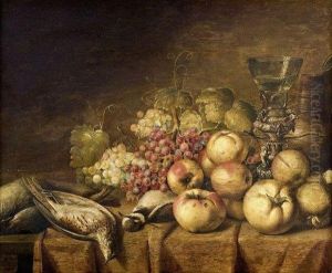 Nature Morte Aux Pommes, Raisins, Verre Roemer Et Oiseaux Sur Unentablement by Jan, Johannes Baumann