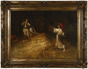 Children Bundling Wheat In A Barn Interior by Jenoe (Eugen) Kemendy