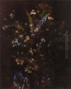 Bluebells, Morning Glory And Other Flowers In A Vase On A Draped Ledge by Jenoe (Eugen) Kemendy
