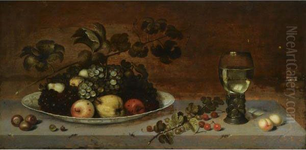 A Still Life With Grapes, Apples, A Quince And Pears On A Wan-li Porcelain Dish, Together With Medlars, Gooseberries, Cherries And Peaches, All On A Stone Ledge With A Roemer - view 1