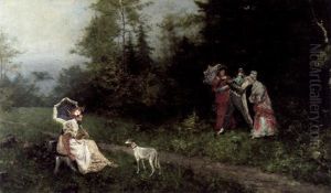 Der Maler Mit Modell Und Gesellschaft Im Freien by Jenoe (Eugen) Kemendy
