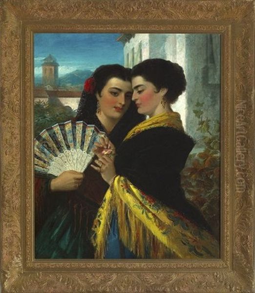 Two Spanish Beauties Holding A Fan With A Landscape Visible In The Distance - view 1