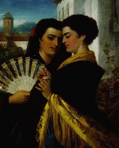 Two Spanish Beauties Holding A Fan With A Landscape Visible In The Distance - view 1