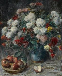 Still Life With Apples And Chrysanthemums by Geza Kende