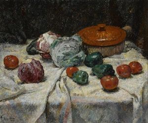 Stoneware And Cabbage (still Life With Vegetables) by Geza Kende