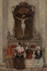 Vier Betende Frauen Vor Einem Kreuzaltar by Max Baumann