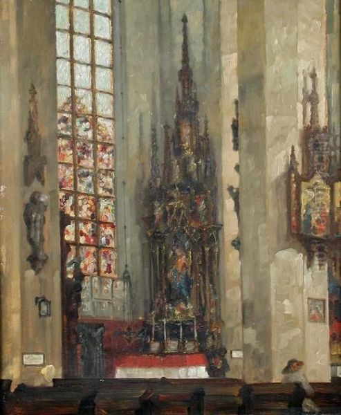 The Interior Of A Cathedral With A Stained Glass Window And Decorated Font - view 1