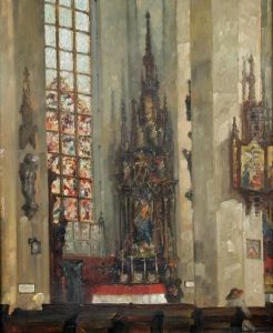The Interior Of A Cathedral With A Stained Glass Window And Decorated Font