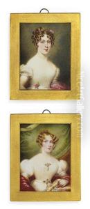 Mary Jane Todd, Nee Brydges, In White Dress With Gem-set Brooches At Corsage And Waist, Gold Earrings, Red Shawl And Green Curtain Background (+ 3 Others; 4 Works) by Emma Eleonora (Eleanor) Kendrick