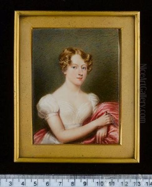 A Lady, Wearing White Dress With Short Puff Sleeves And Cerise Cloak With Embroidered Trim - view 1