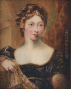 A Lady Of The Court, Wearing Decollete Brown Dress With Yellow Trim, She Rests Against A Plinth Holding An Embroidered Shawl, Curtain Background