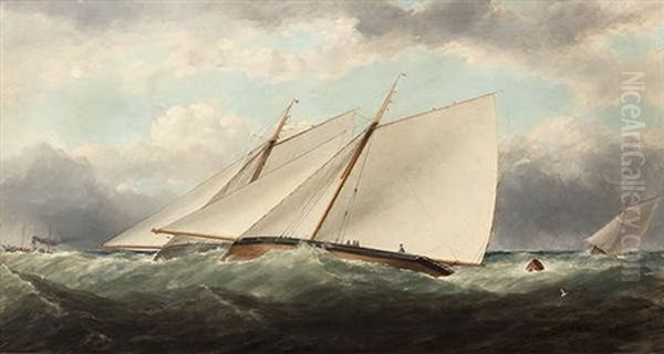 Yachts Racing Off Dublin Bay With A Paddle Steamer In The Distance - view 1