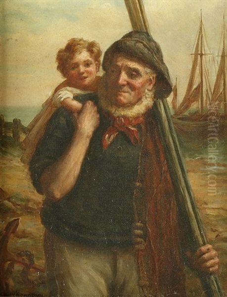 Fisherman Returning With Child On Shoulder - view 1