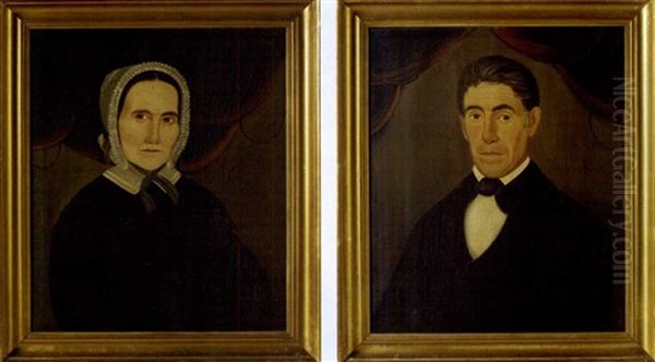 Portrait Of A Woman In Front Of Red And Black Swagged Drapery (+ Portrait Of A Man In Front Of Red And Black Swagged Drapery; Pair) - view 1