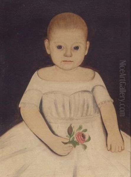 A Portrait Of A Little Girl In A White Dress Holding A Rose - view 1