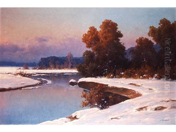 Winterliche Landschaft Mit Verschneiten Ufern An Einem Nach Hinten Ziehenden Flusslauf Mit Baumen In Herbstlicher Verfarbung - view 1