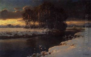 Abendstimmung Uber Einer Flusbiegung Im Winter